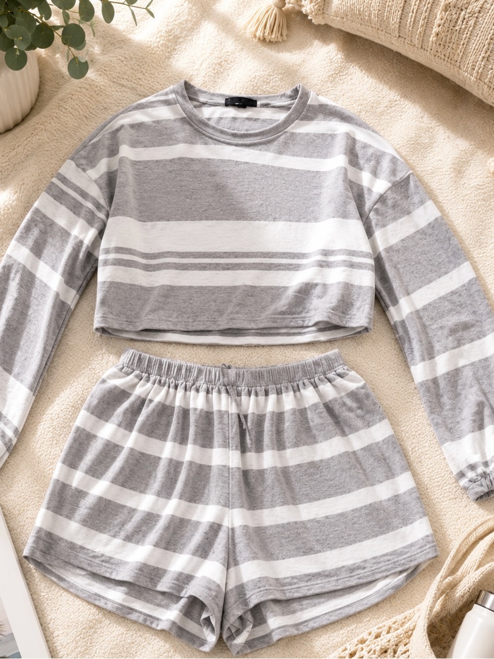 Women’s Gray & White Striped lounge Set - Long Sleeve sweater Top & Shorts